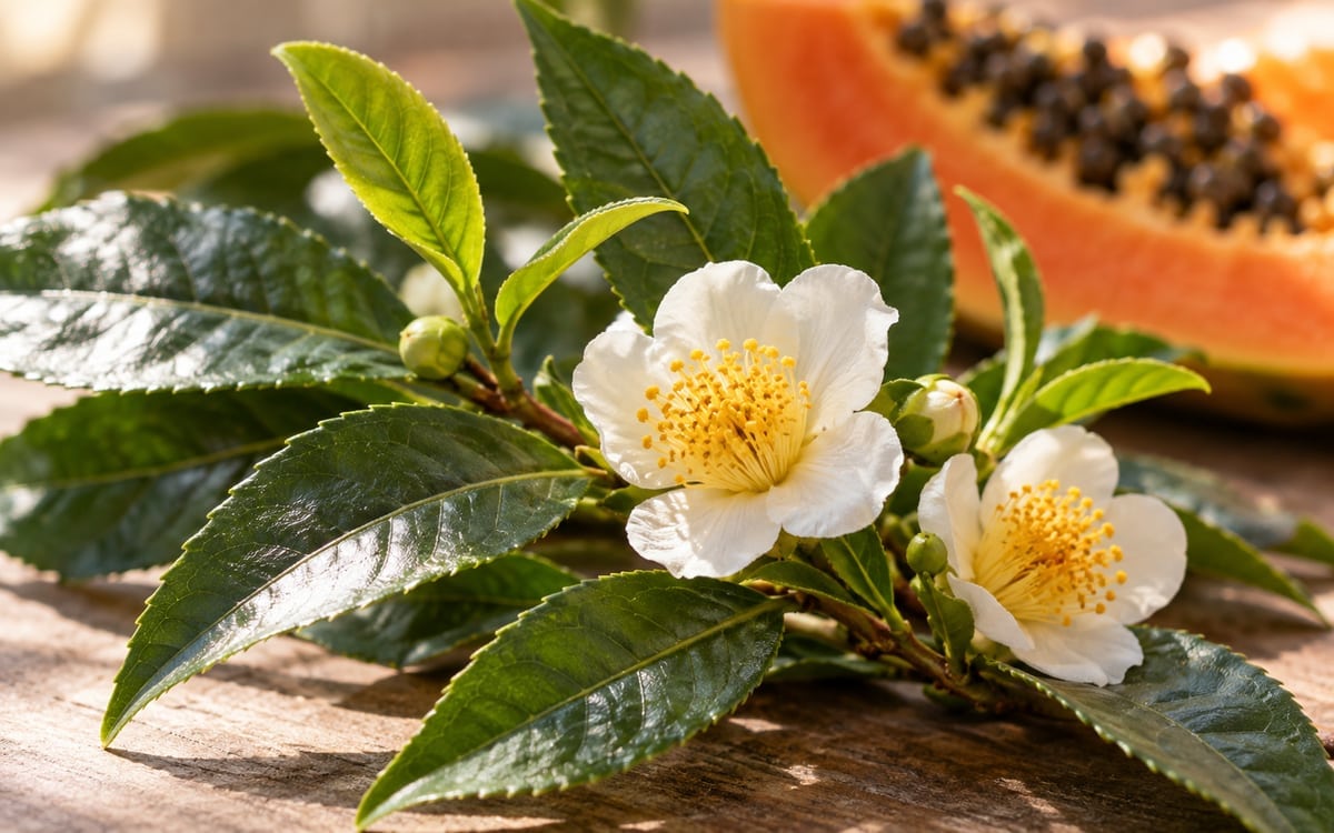 綠茶、茶花與蔬果來源酵素的概念情境（AI生成）